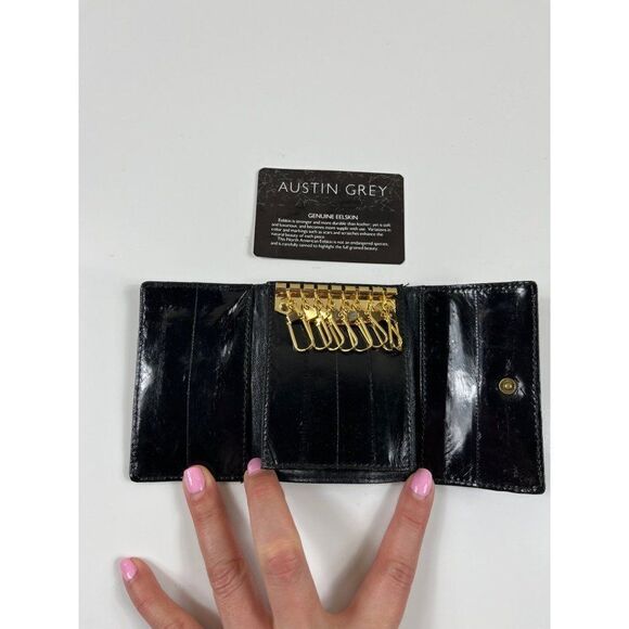 Austin Grey Geniune Eelskin Trifold Keyholder Snap Wallet Black Unisex - Picture 4 of 8